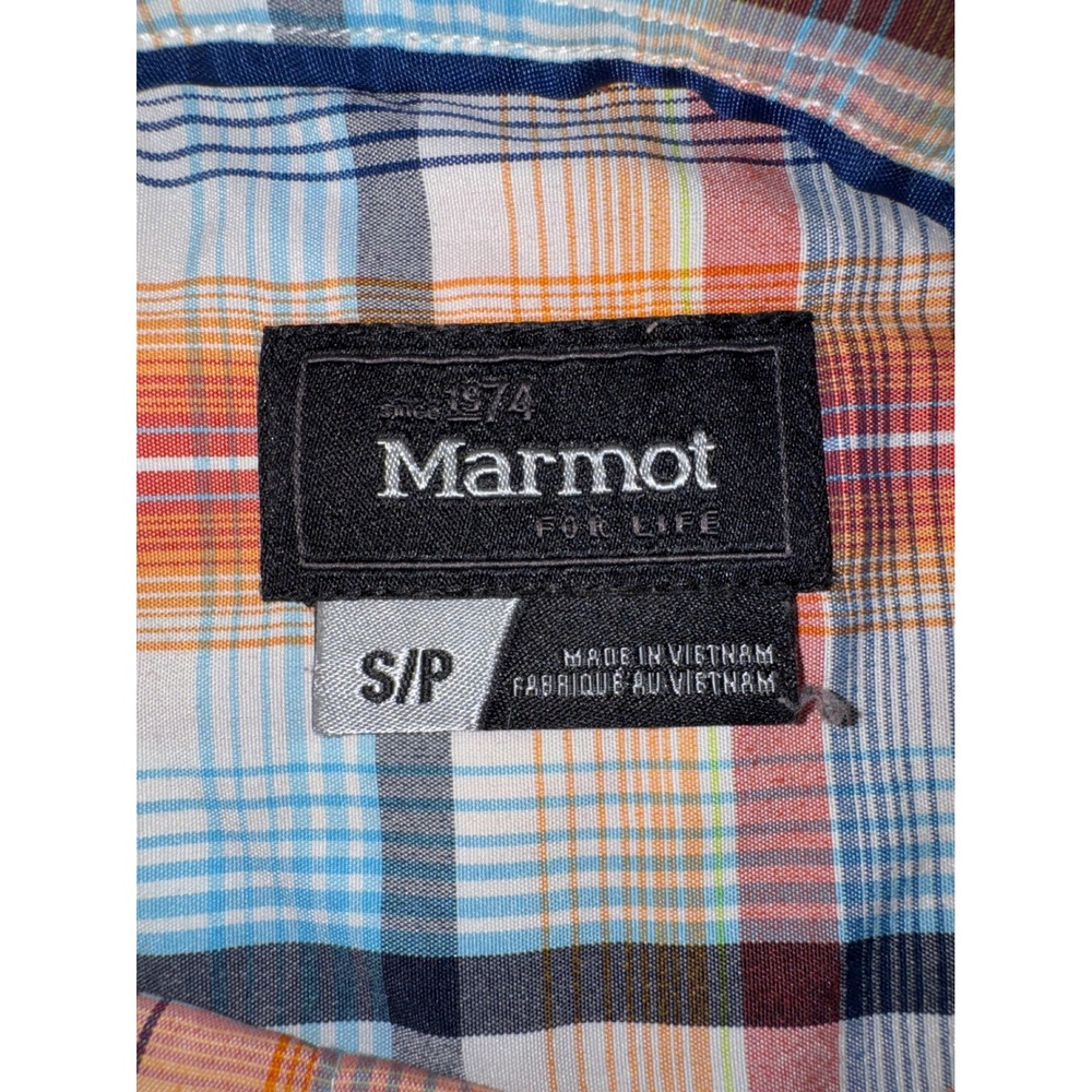 Marmot Mens Small Orange Blue Plaid Short Sleeve Button Down Hiking Shirt - Picture 3 of 6